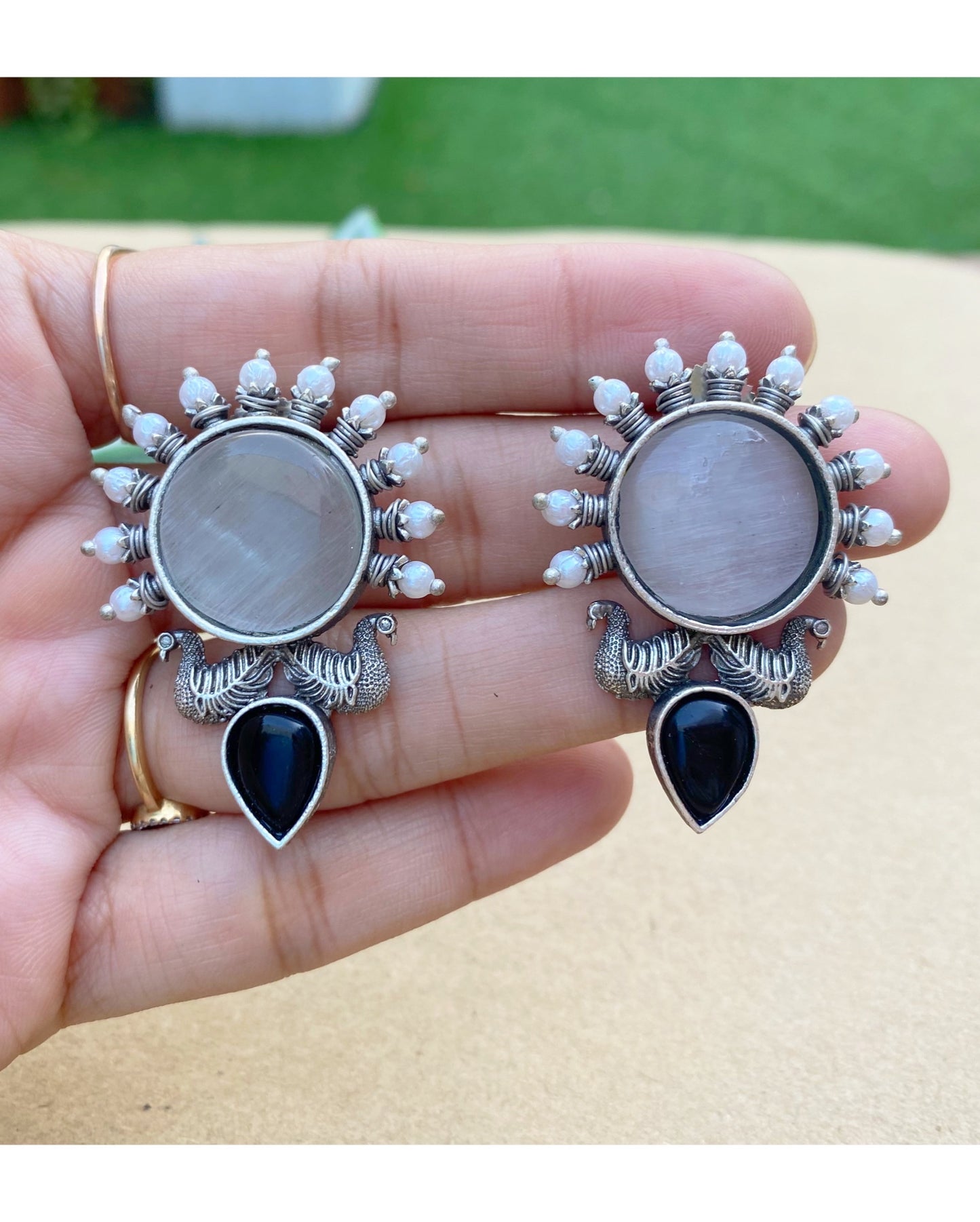 Grey & Black Aegis Peacock Studs