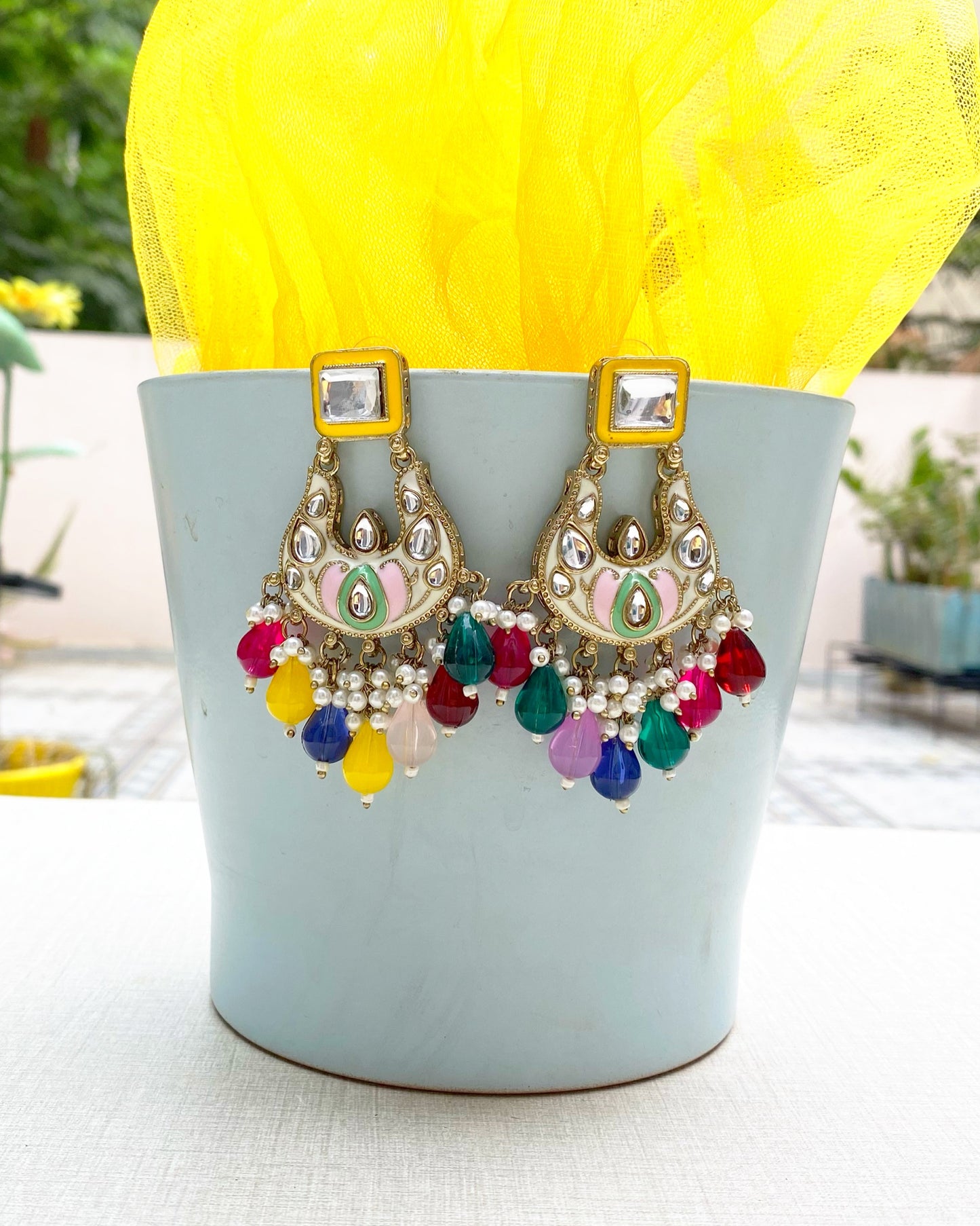 Multi Color Vrindavan Meenakari Chandbali Earring