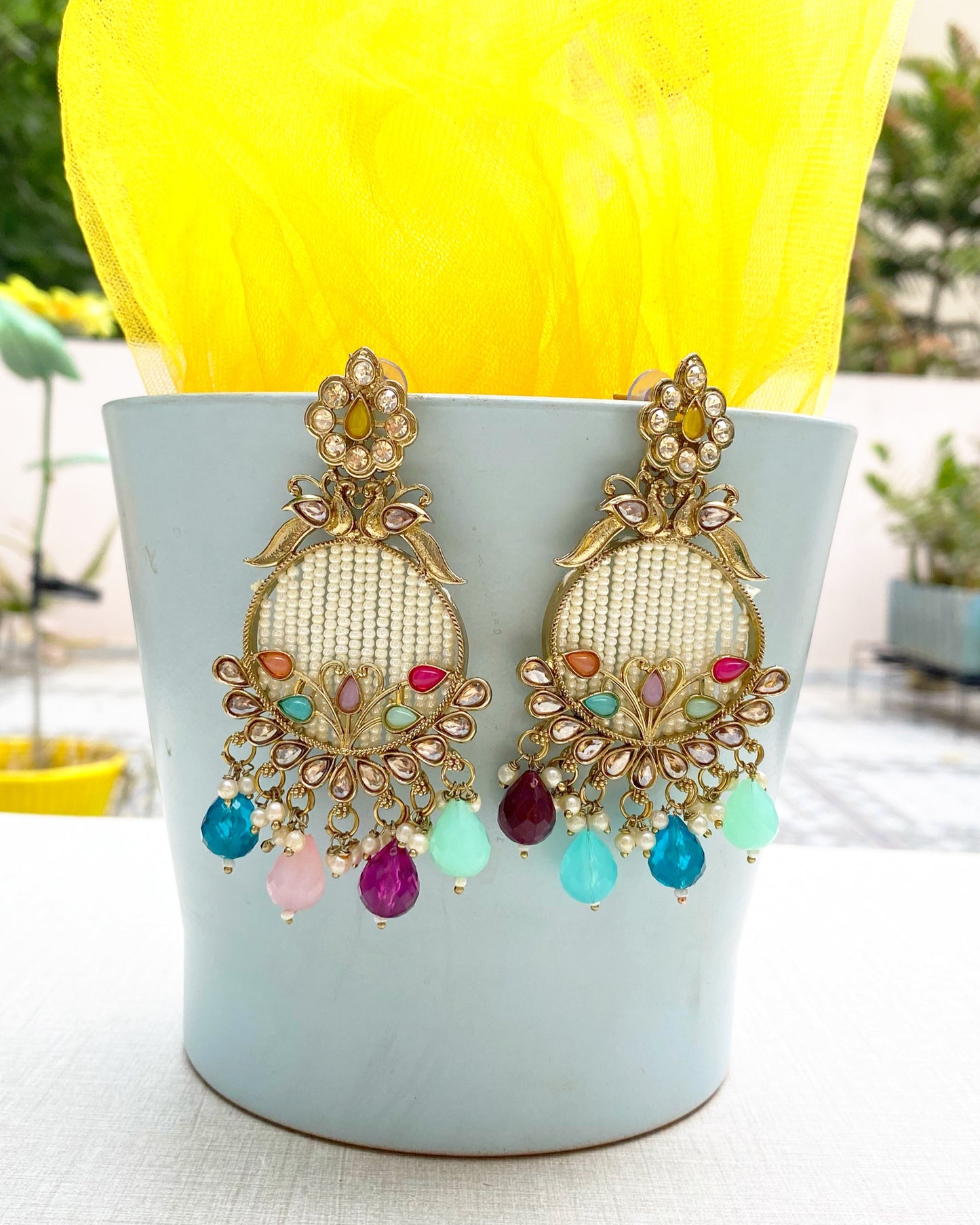 Multi Color Pearl Chandbali Earrings