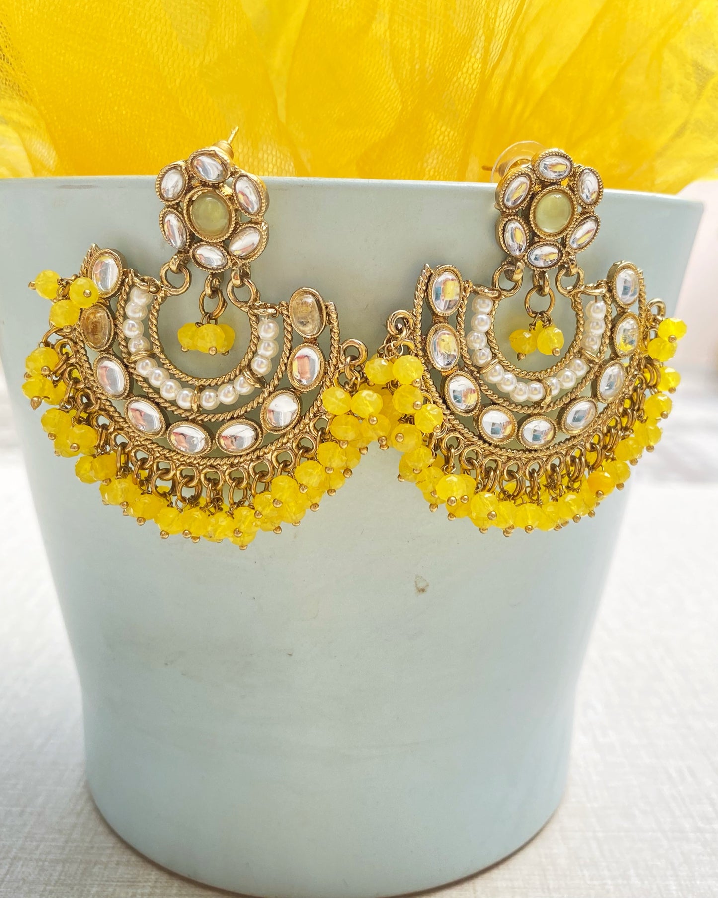 Yellow Marigold Pearl Chandbali Earring