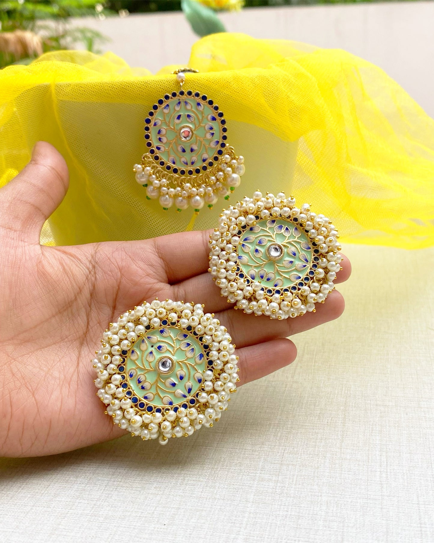 Mint Green Meenakari Big studs Earring With Maang Tika