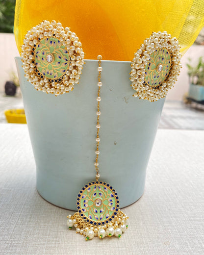 Mint Green Meenakari Big studs Earring With Maang Tika