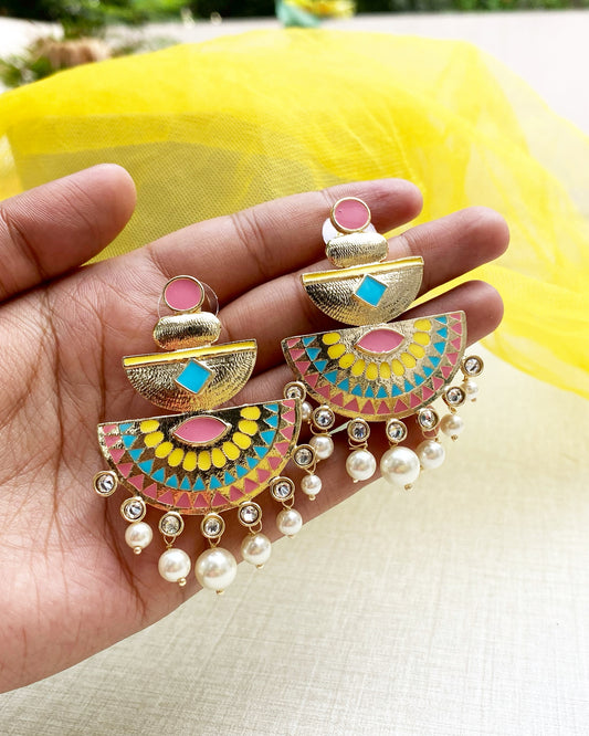 Multi Pastel Enamel Chandbali Earrings