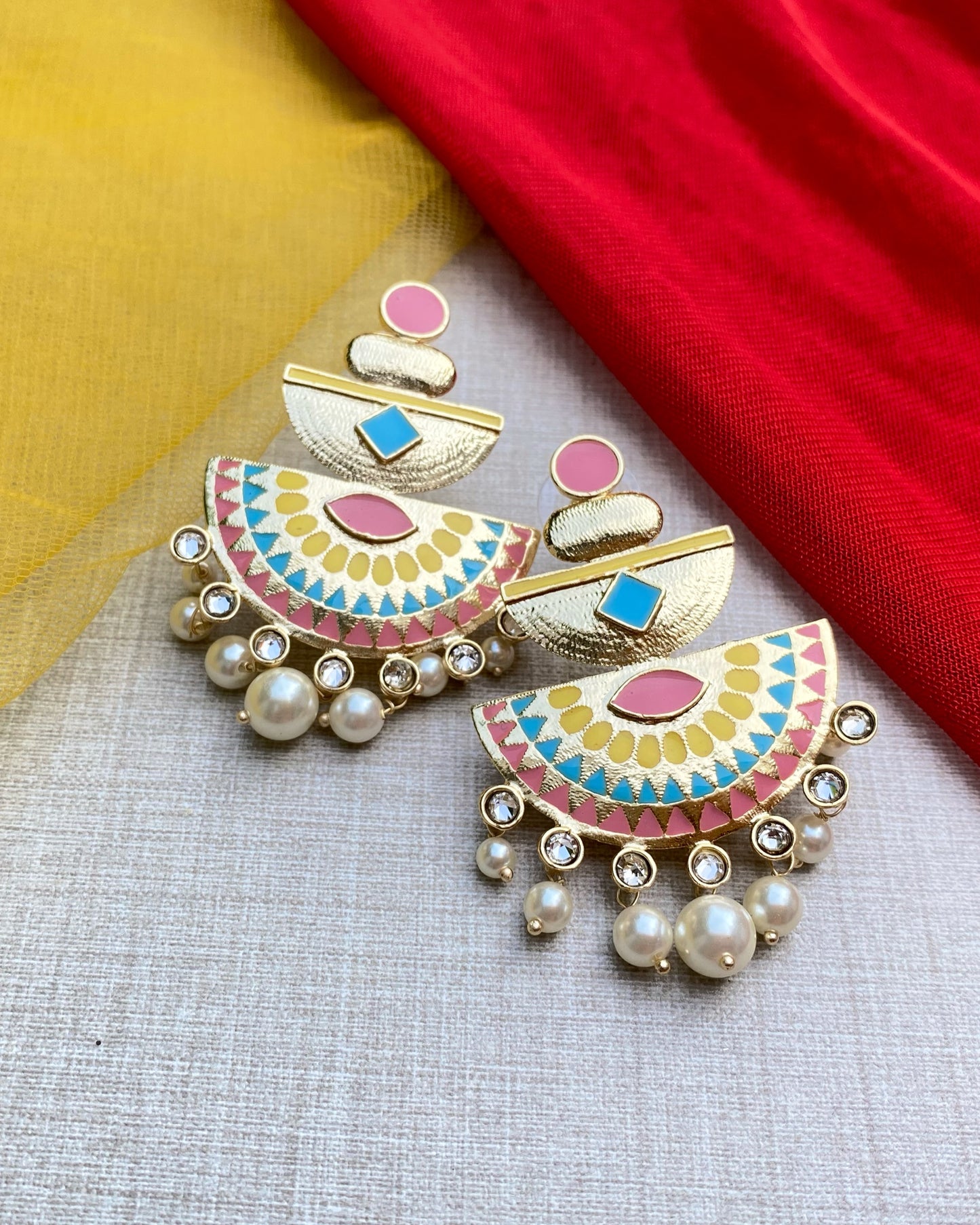 Multi Pastel Enamel Chandbali Earrings