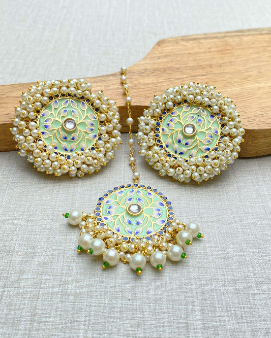 Mint Green Meenakari Big studs Earring With Maang Tika
