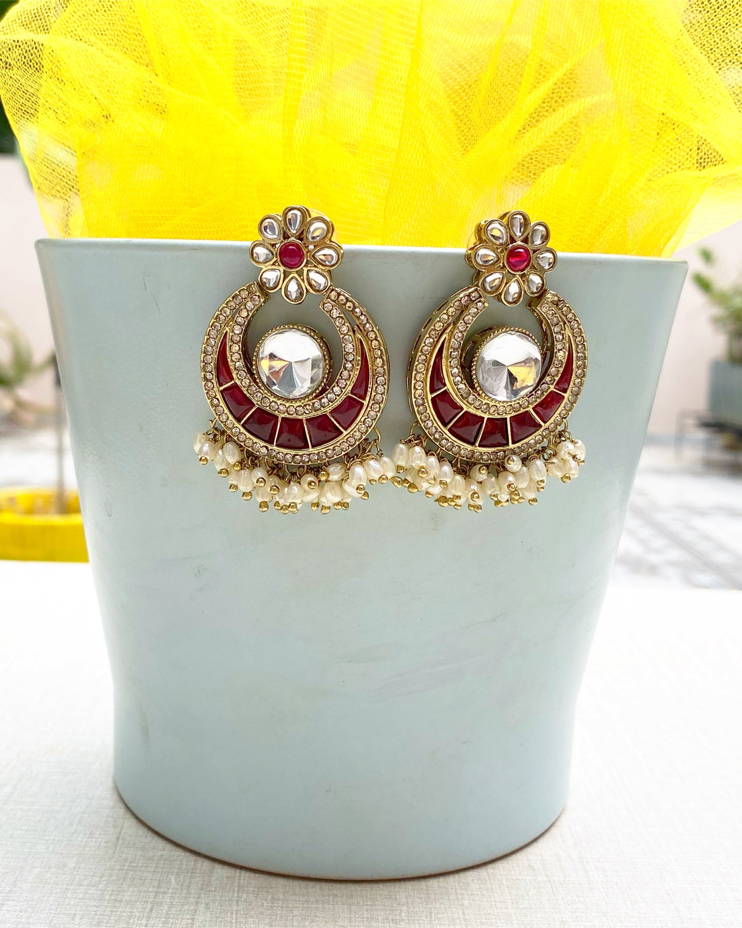 Magenta Pink Pearl-Cluster Chandbali Earring