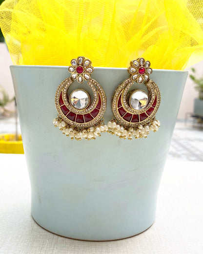 Magenta Pink Pearl-Cluster Chandbali Earring