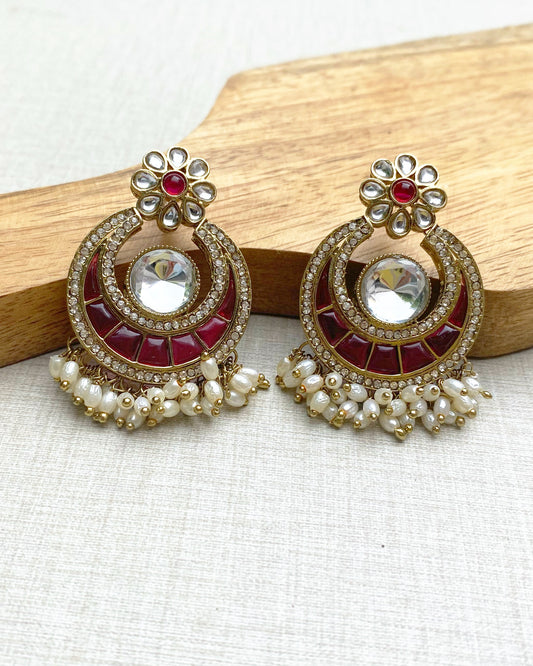 Magenta Pink Pearl-Cluster Chandbali Earring