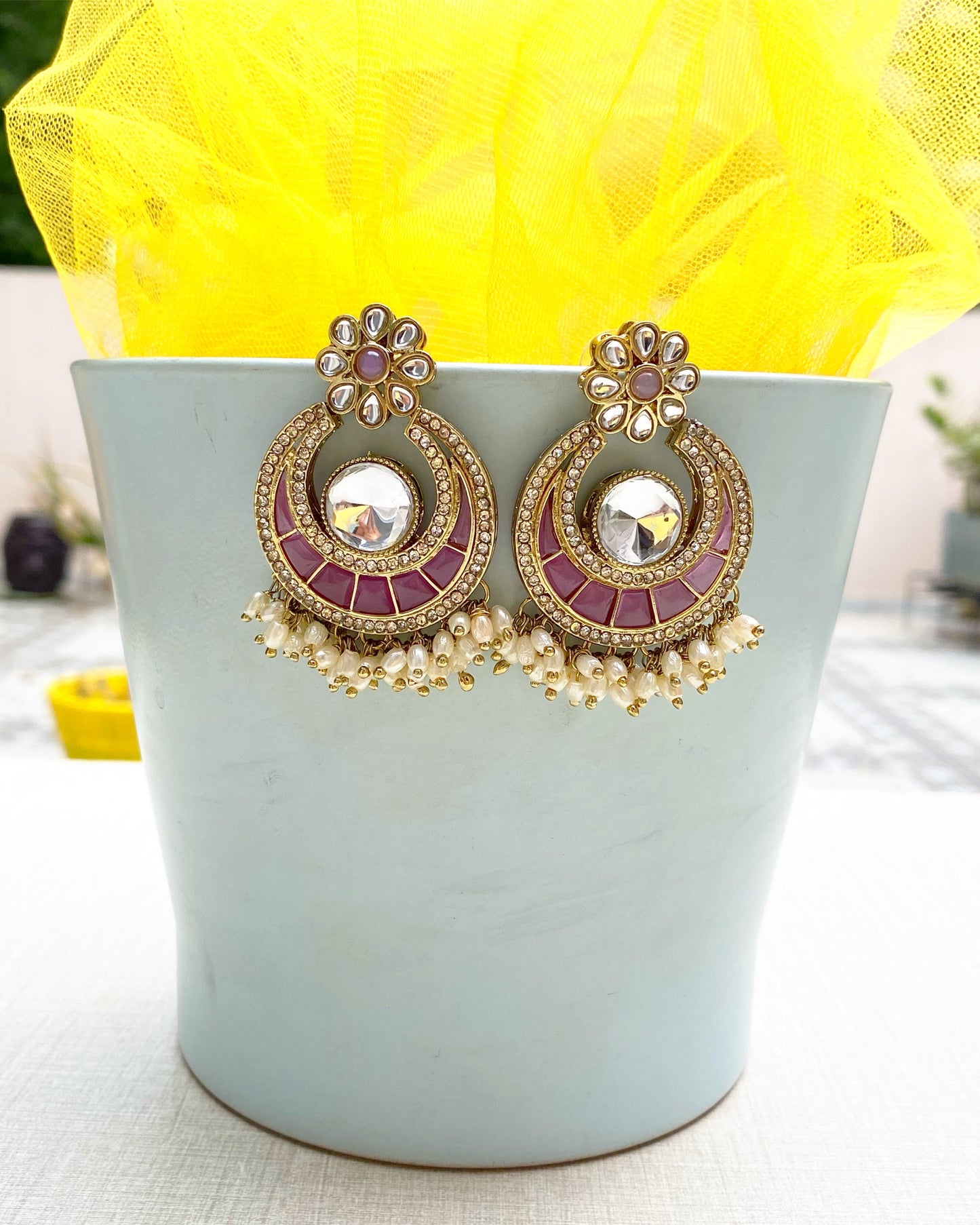 Rose Pink Pearl-Cluster Chandbali Earring