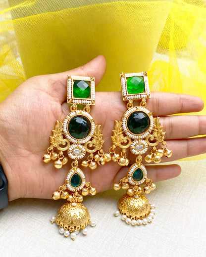 Green Antique Gold Jhumka Earring