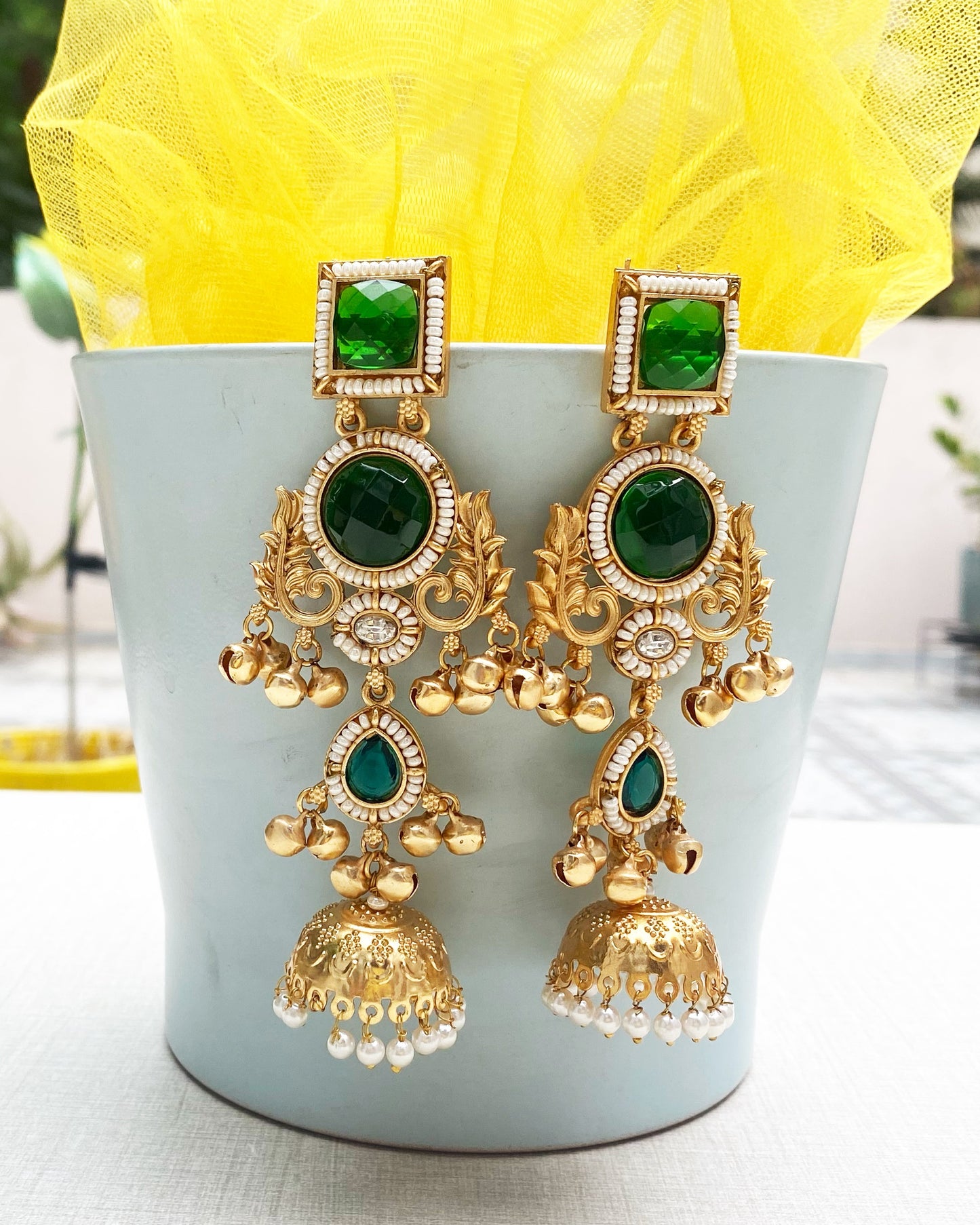 Green Antique Gold Jhumka Earring