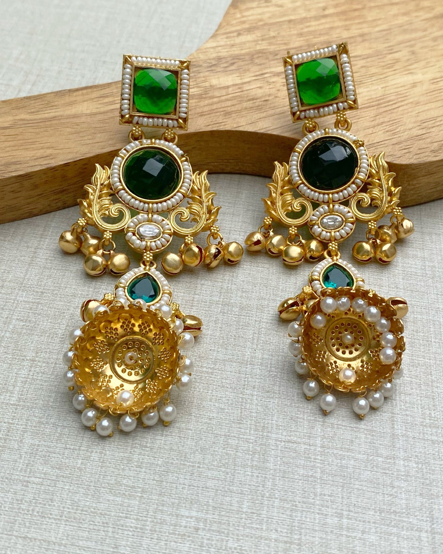 Green Antique Gold Jhumka Earring