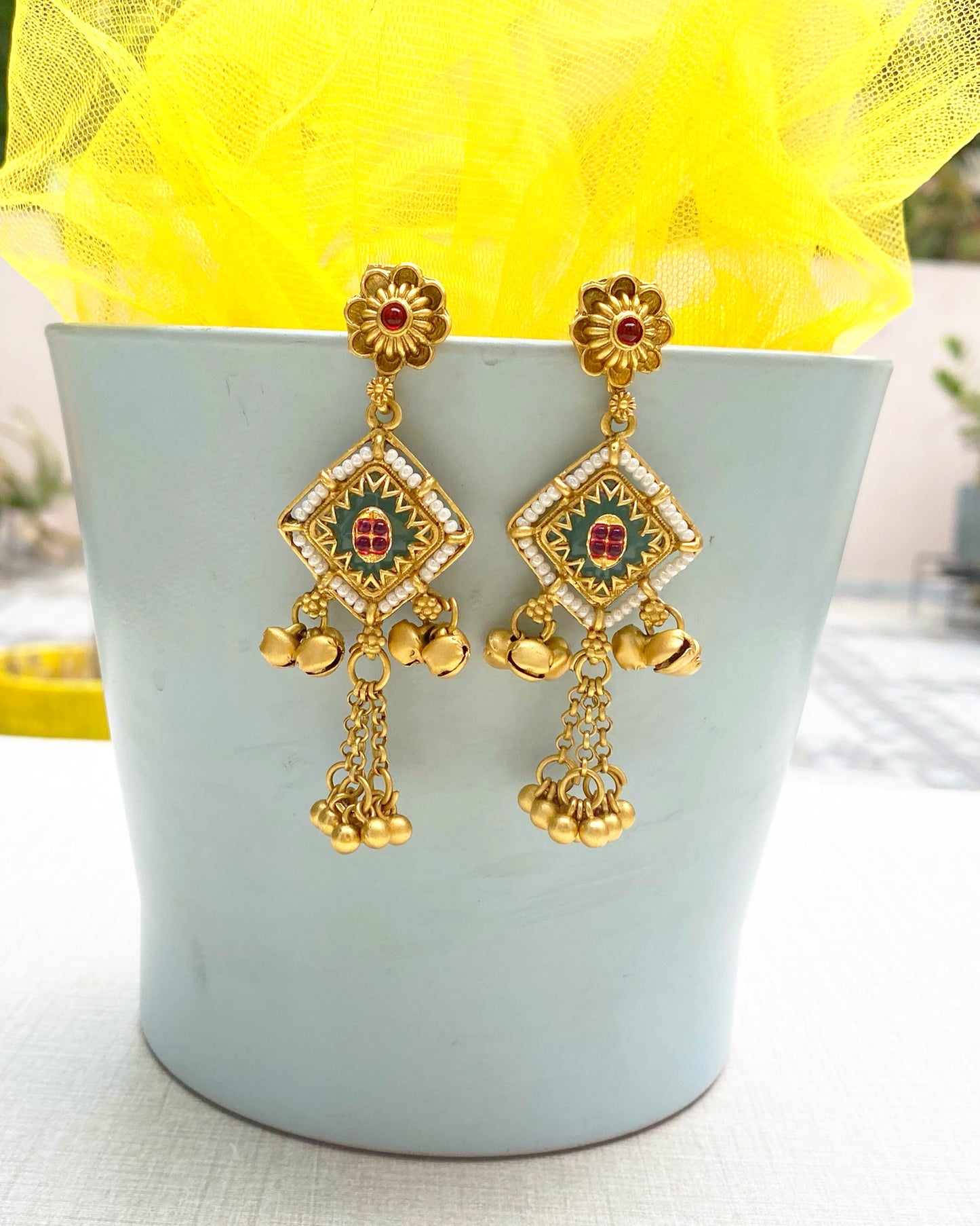 Green Pearl Beaded Kashmiri Earrings