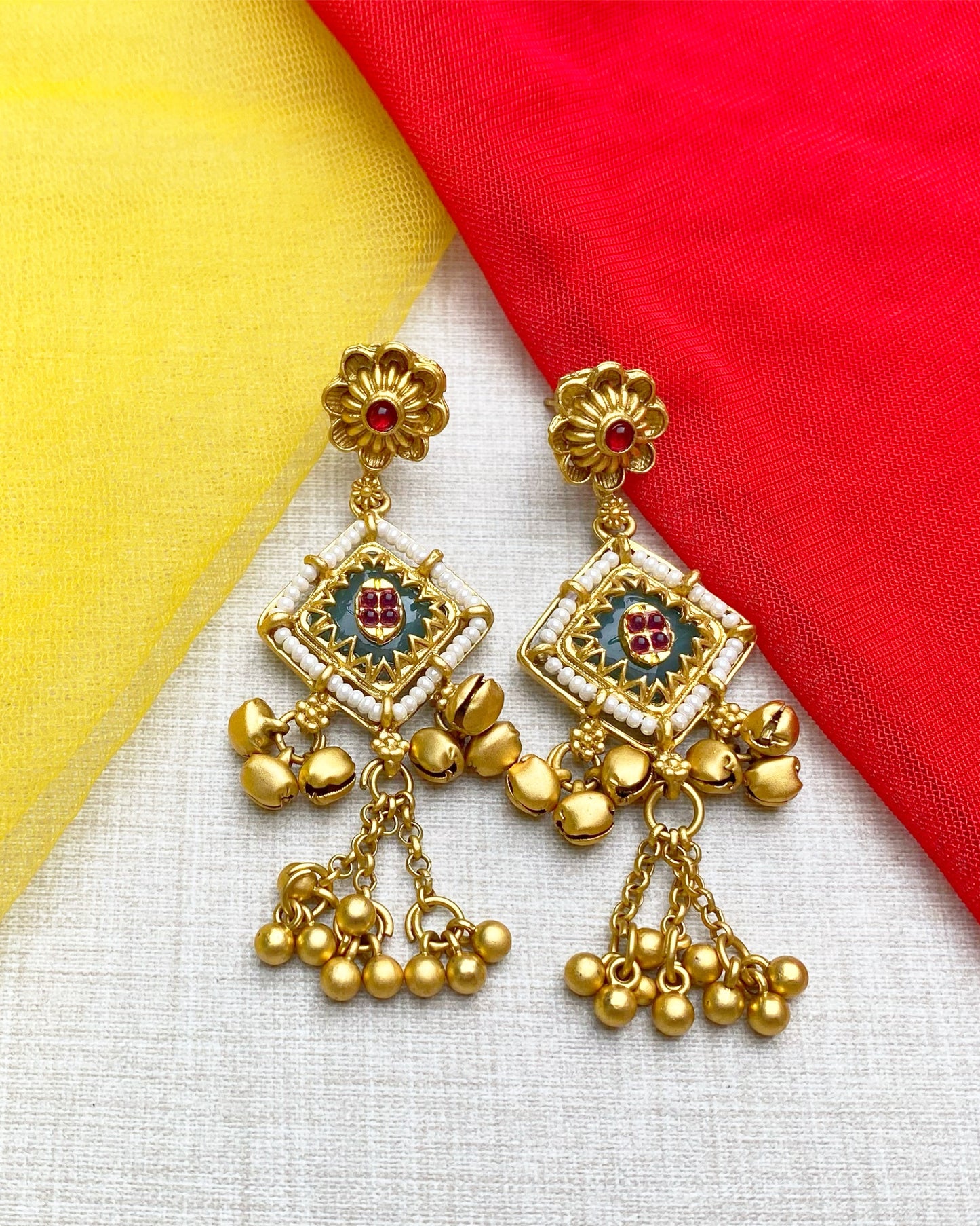 Green Pearl Beaded Kashmiri Earrings