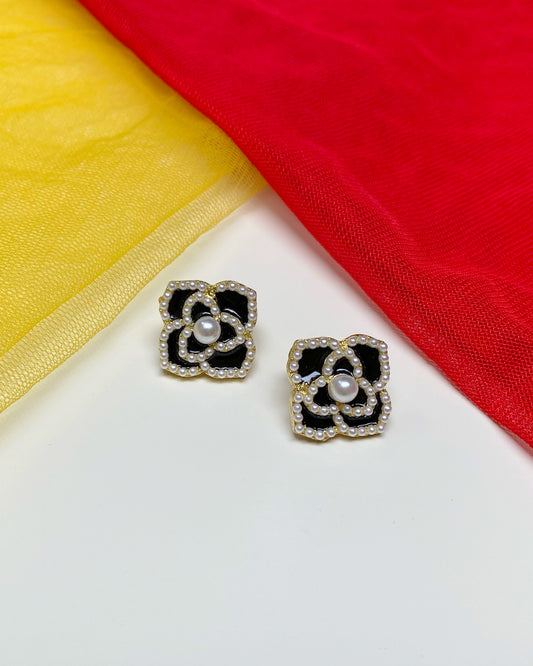 Black Enamel & Pearl Floral Studs