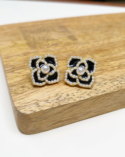 Black Enamel & Pearl Floral Studs