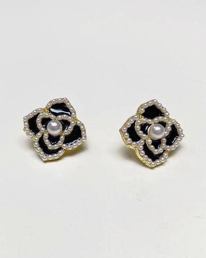 Black Enamel & Pearl Floral Studs