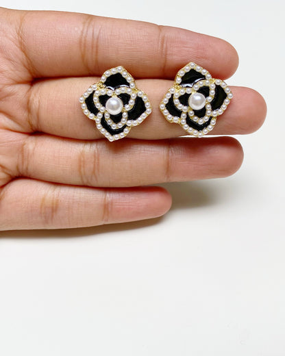 Black Enamel & Pearl Floral Studs