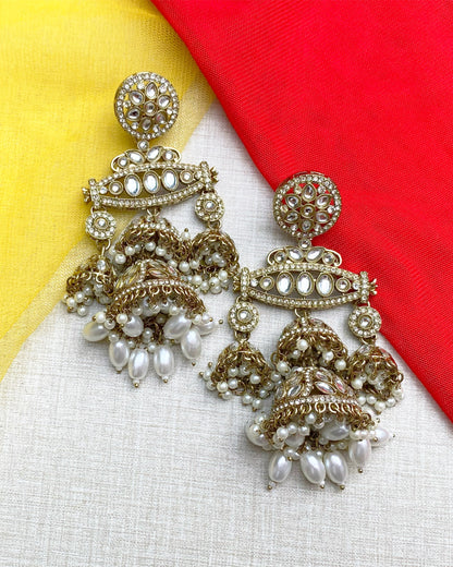 Antique Gold Multi-Tiered Kundan & Pearl Jhumkas