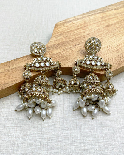 Antique Gold Multi-Tiered Kundan & Pearl Jhumkas