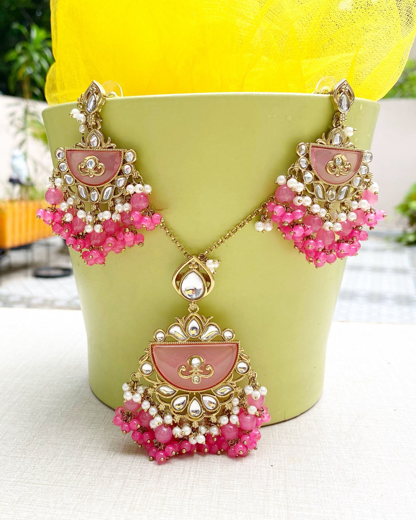 Blush Pink Kundan Chandbali Earring Set
