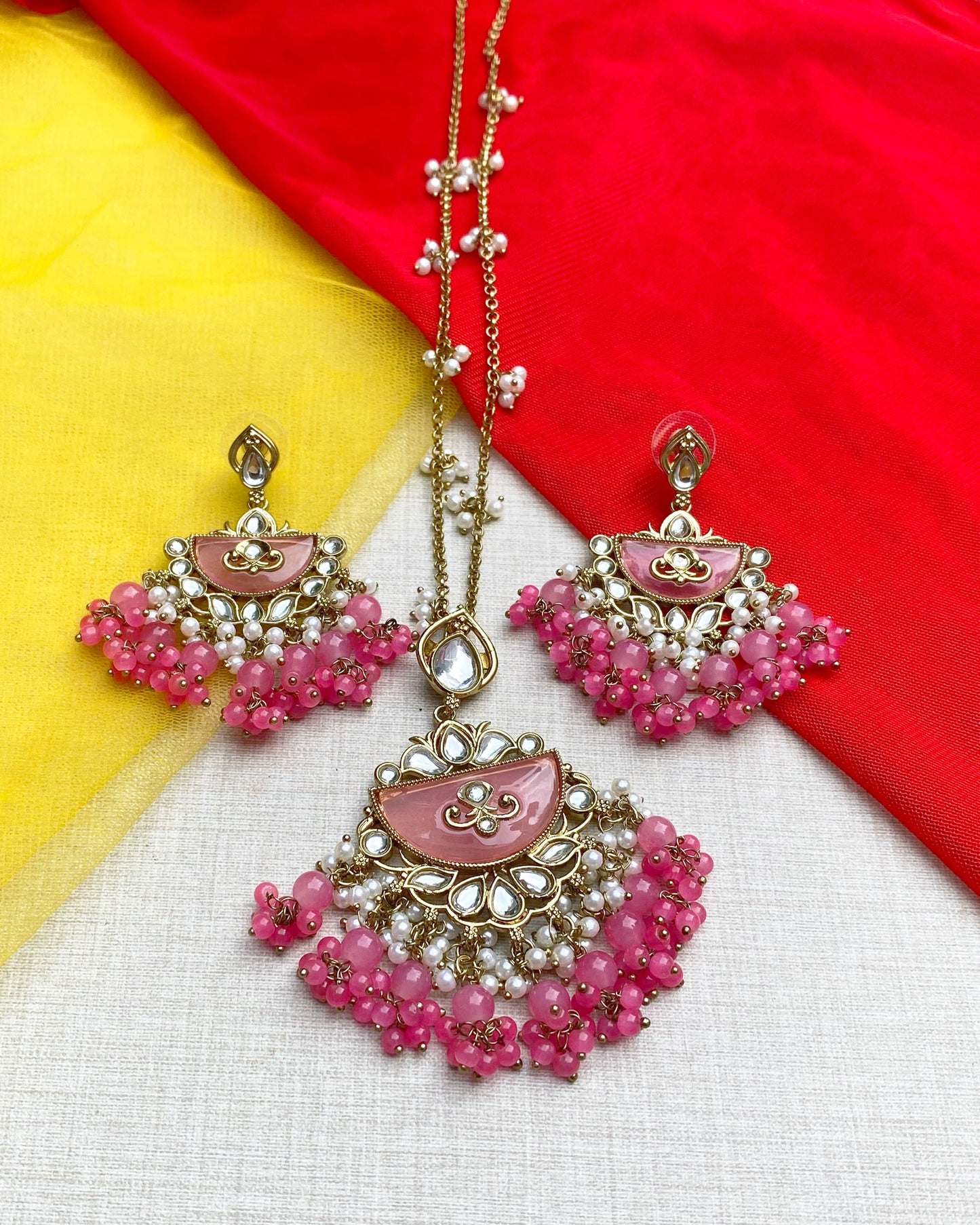 Blush Pink Kundan Chandbali Earring Set