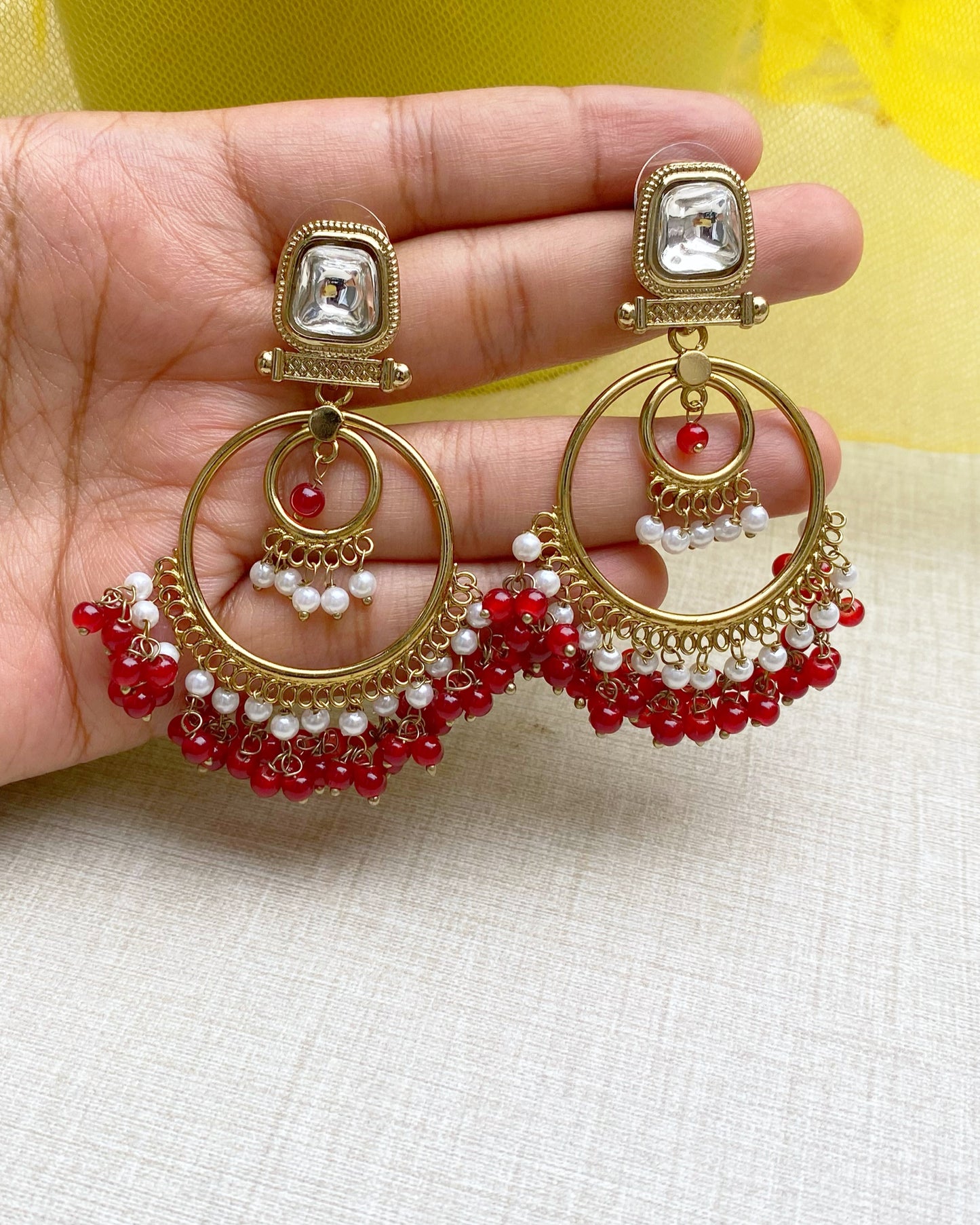 Maharani Red Pearl Chandbali Earrings