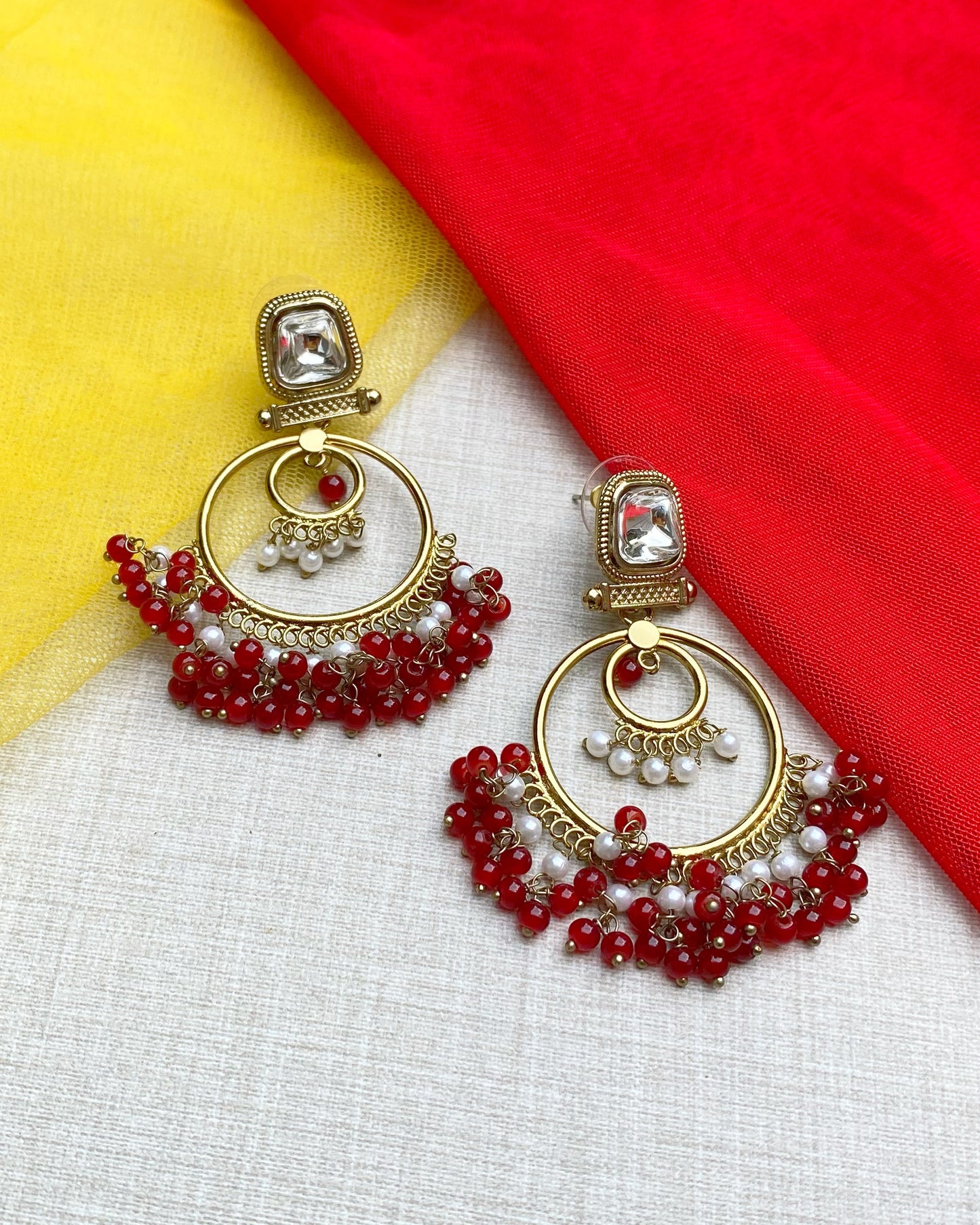 Maharani Red Pearl Chandbali Earrings