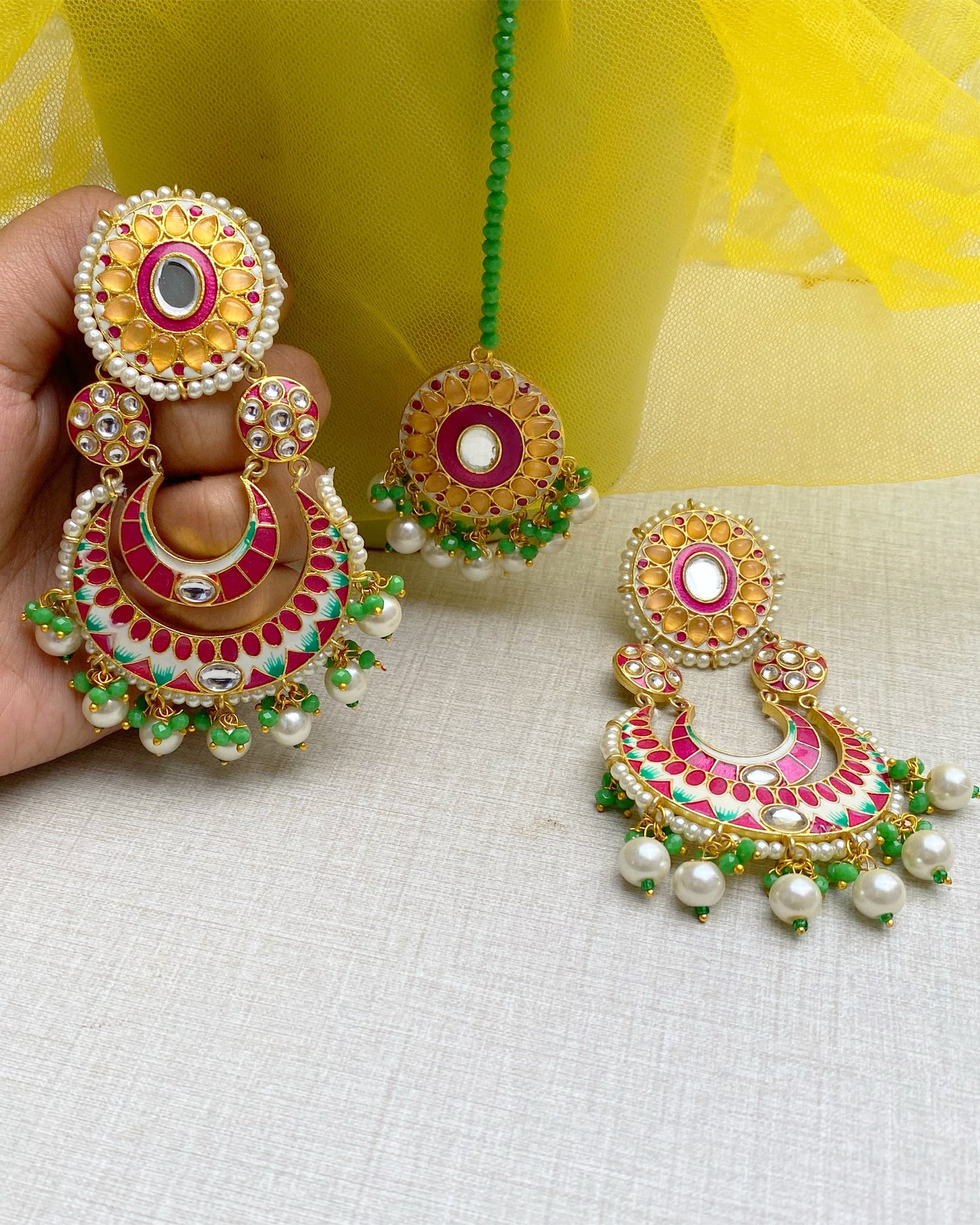 Multi-Hue Chandbali Earring with Maang Tikka