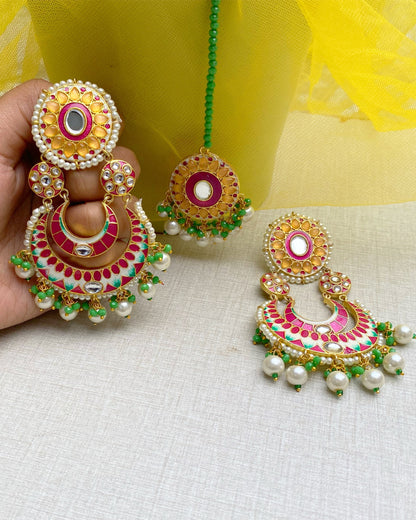 Multi-Hue Chandbali Earring with Maang Tikka