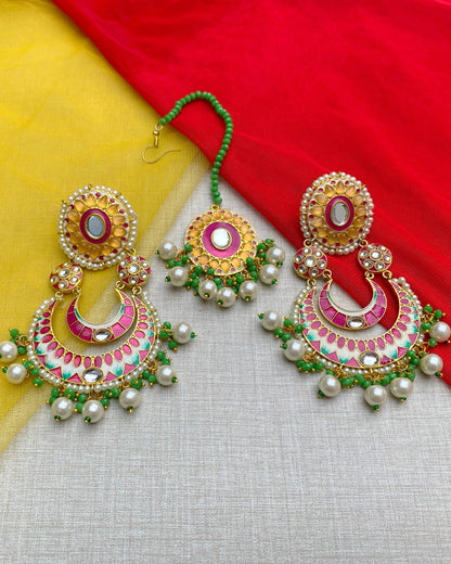 Multi-Hue Chandbali Earring with Maang Tikka
