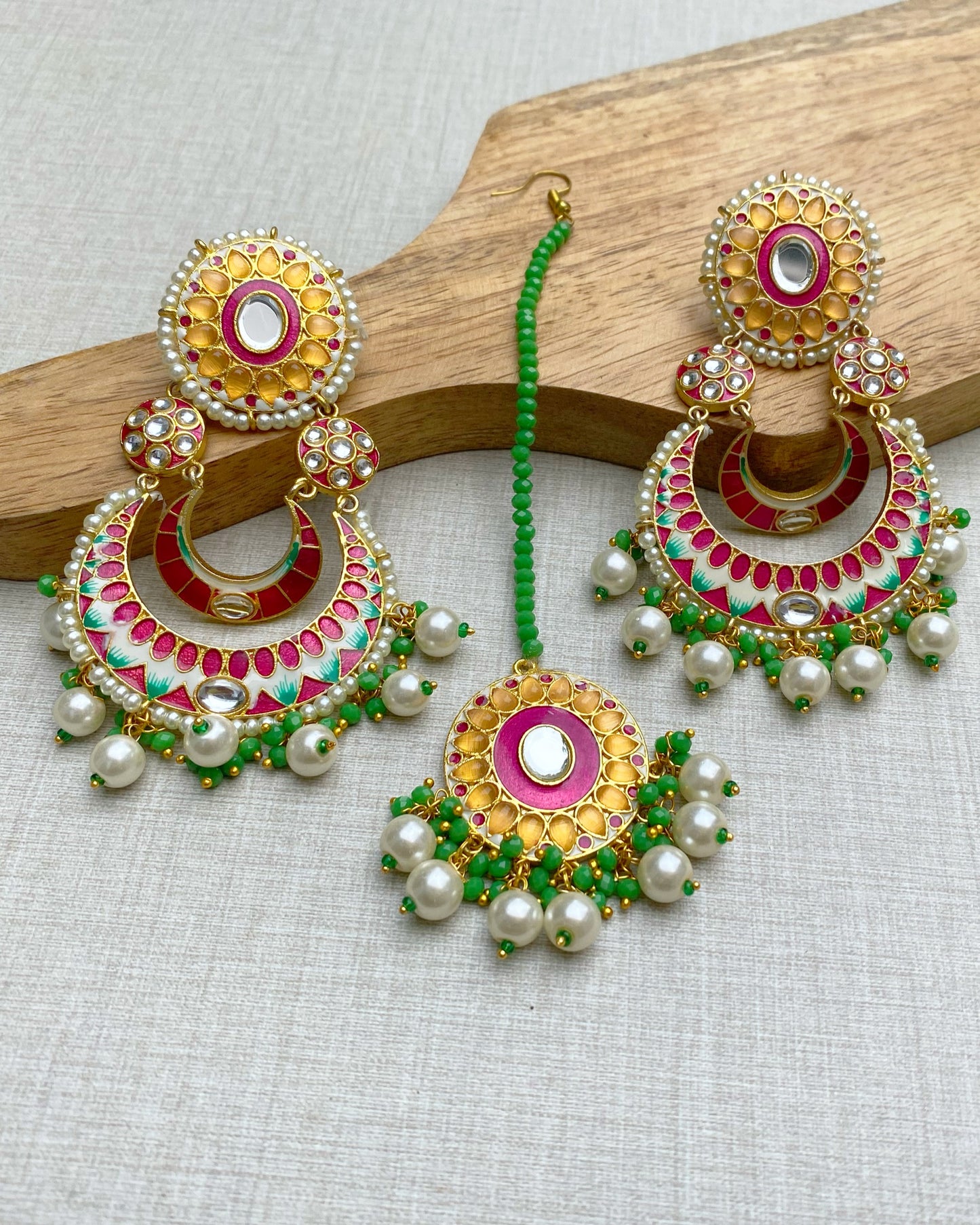 Multi-Hue Chandbali Earring with Maang Tikka