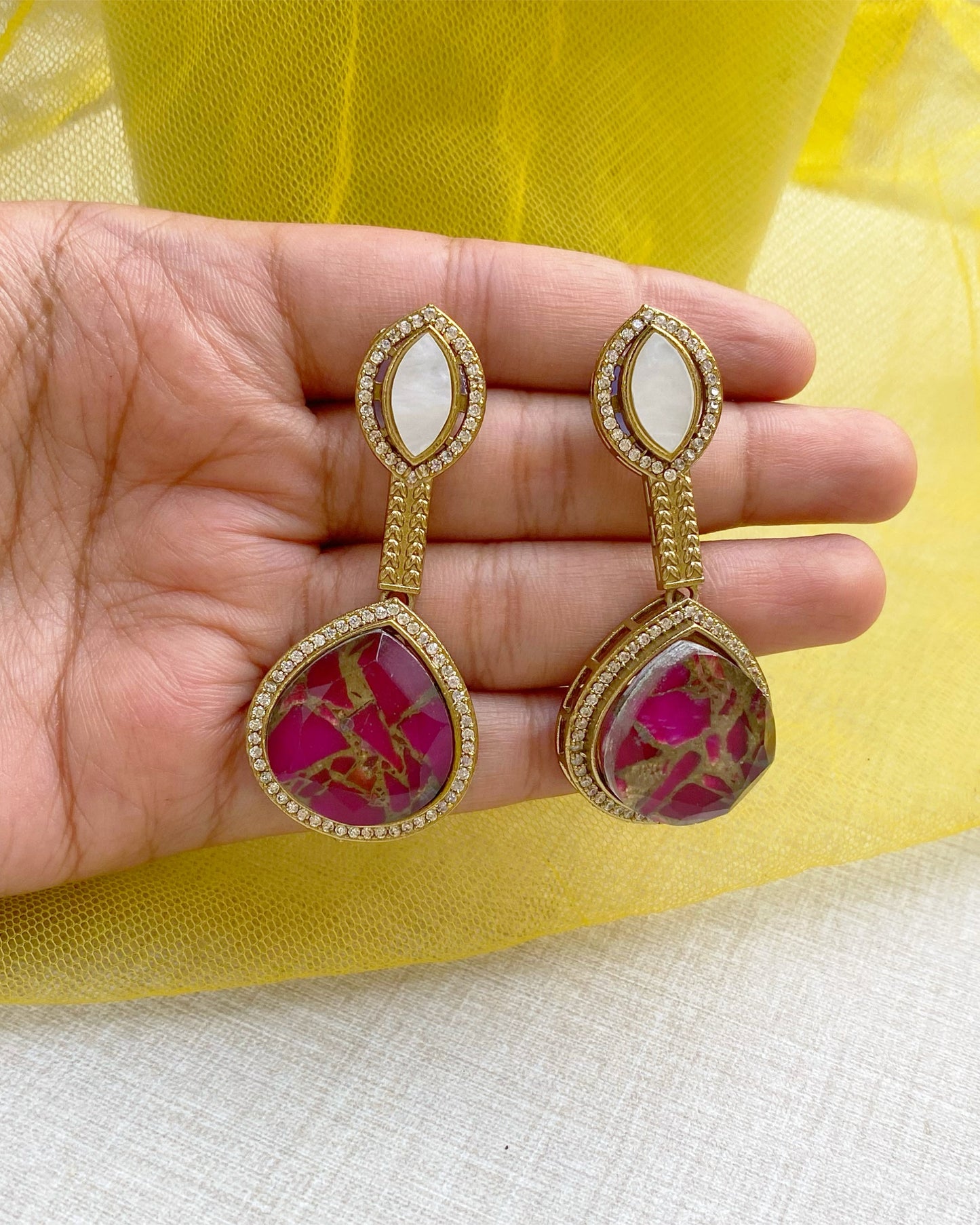 Magenta Pink Composite Stone Drop Earrings