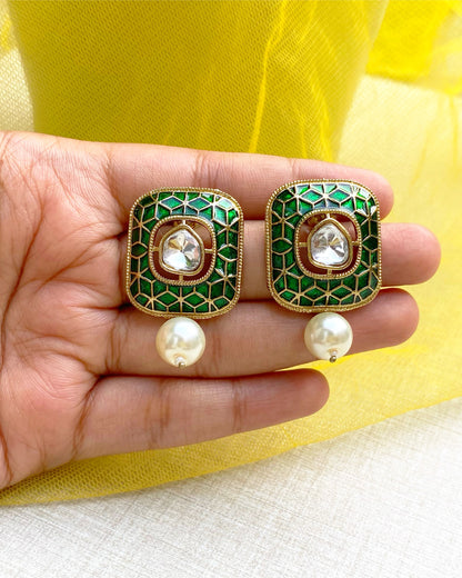 Bottle Green Meenakari Studs