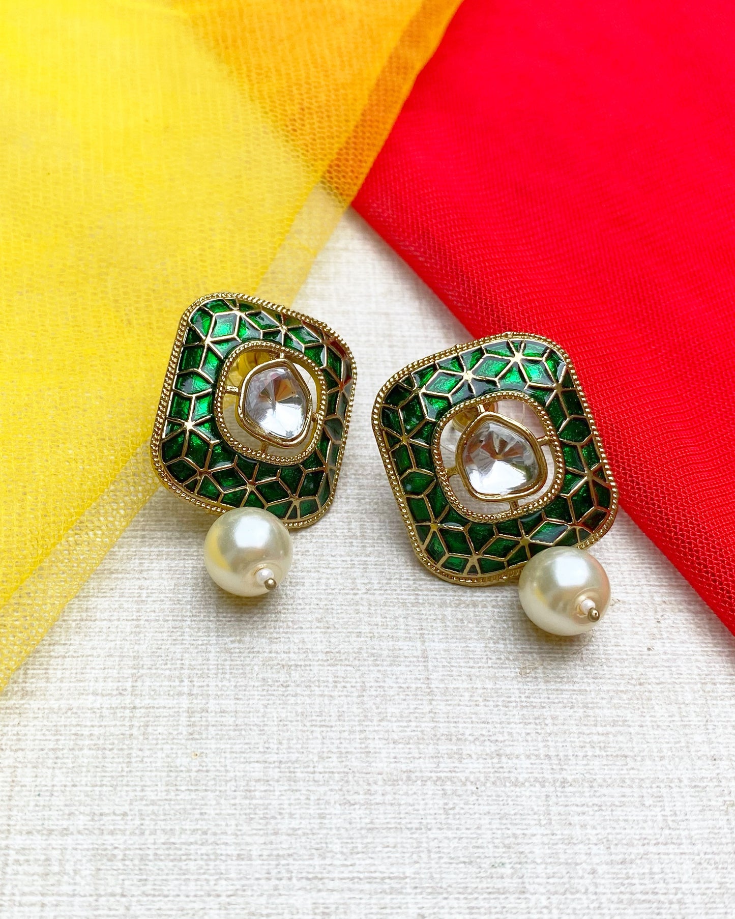 Bottle Green Meenakari Studs
