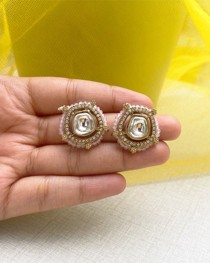 Light Pink beads Antique Gold Kundan Studs