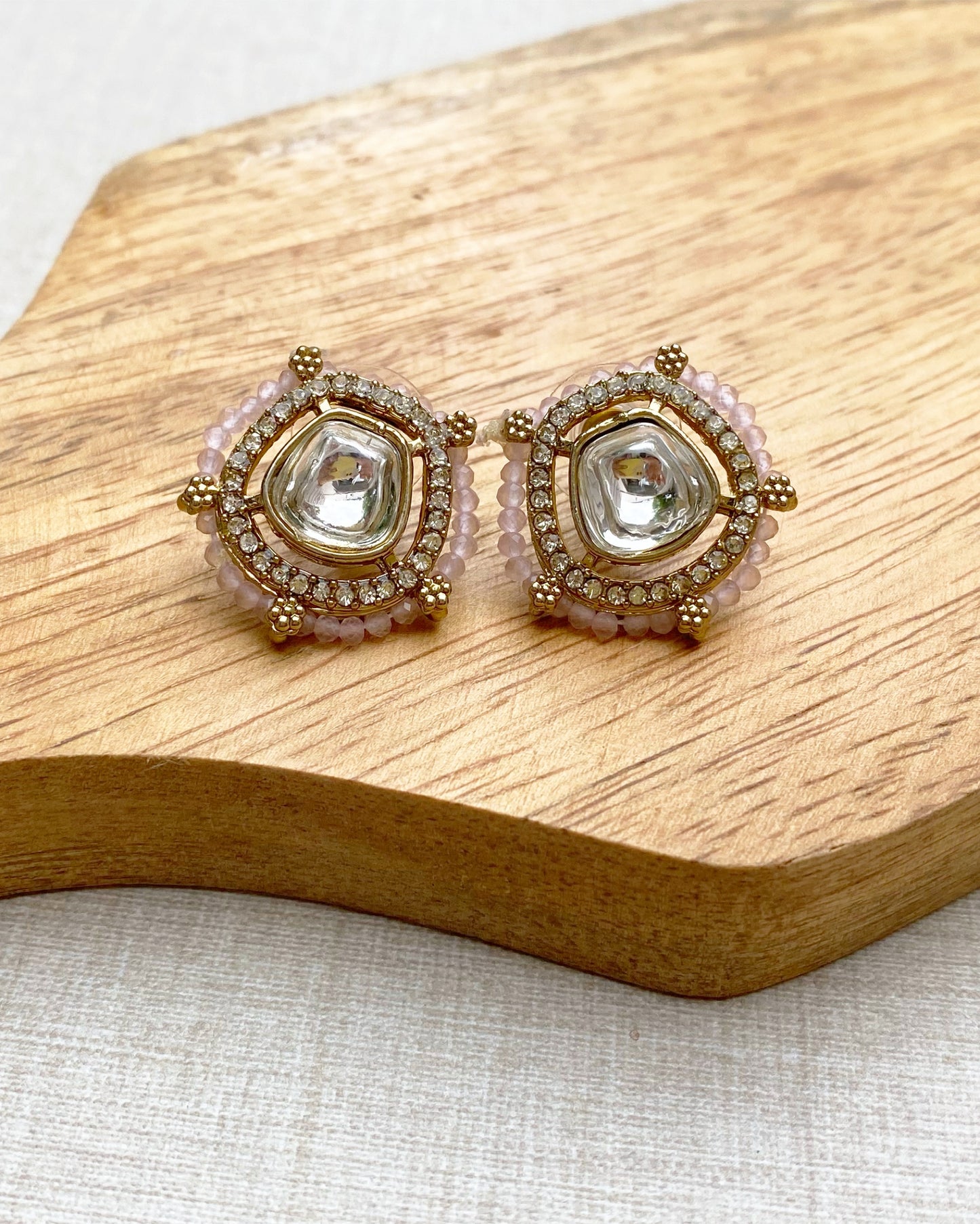 Light Pink beads Antique Gold Kundan Studs