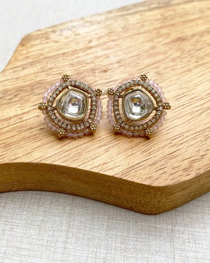 Light Pink beads Antique Gold Kundan Studs
