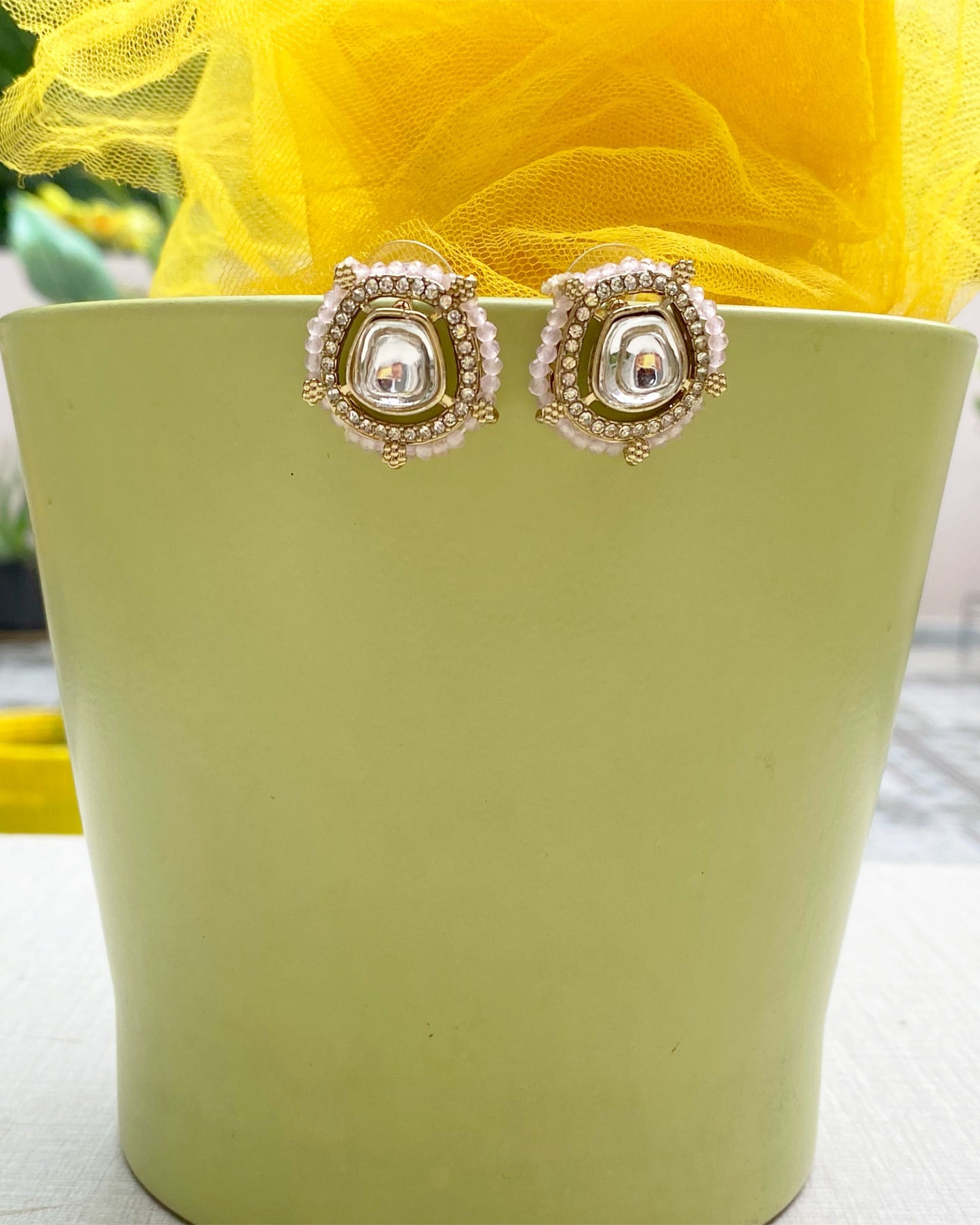 Light Pink beads Antique Gold Kundan Studs