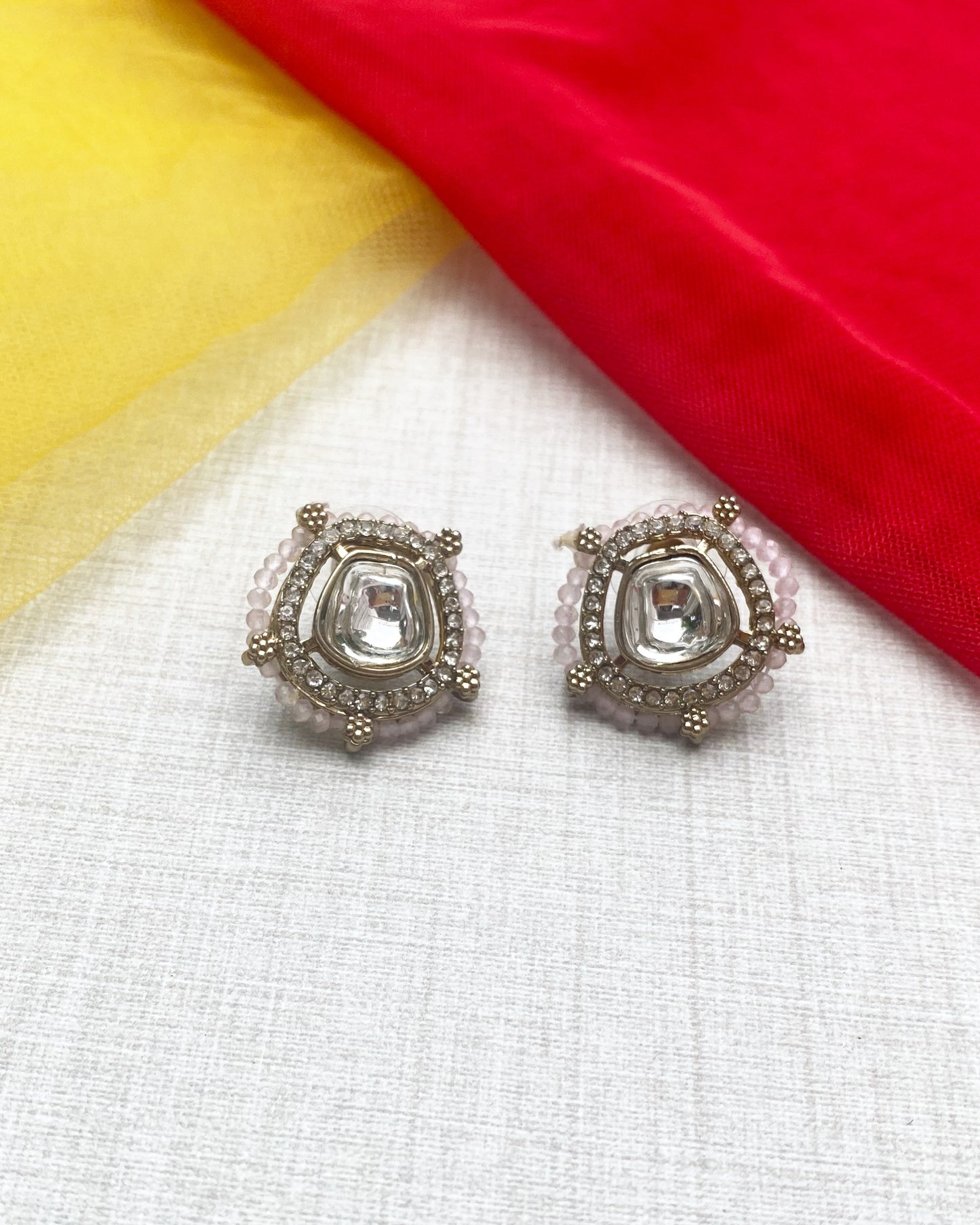 Light Pink beads Antique Gold Kundan Studs