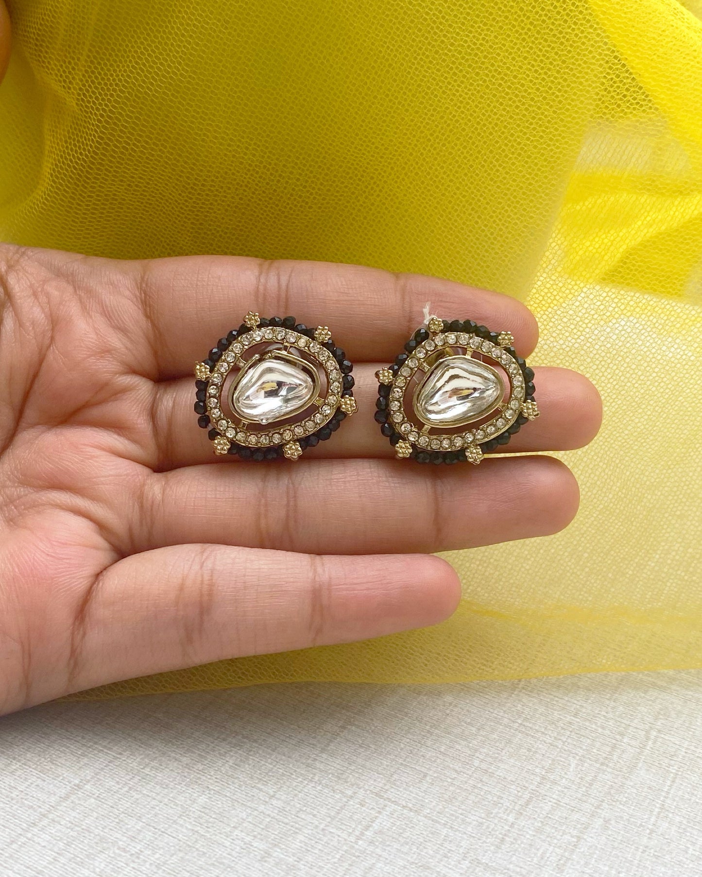 Black beads Antique Gold Kundan Studs