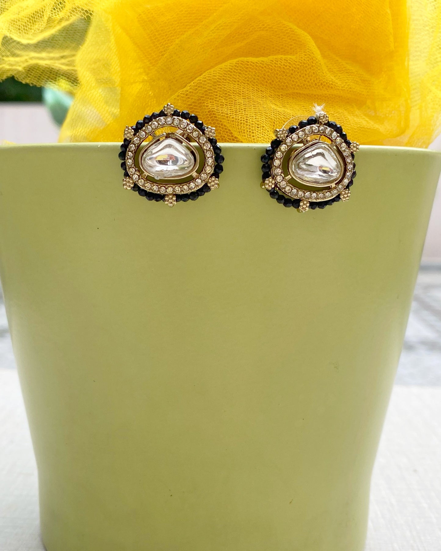 Black beads Antique Gold Kundan Studs