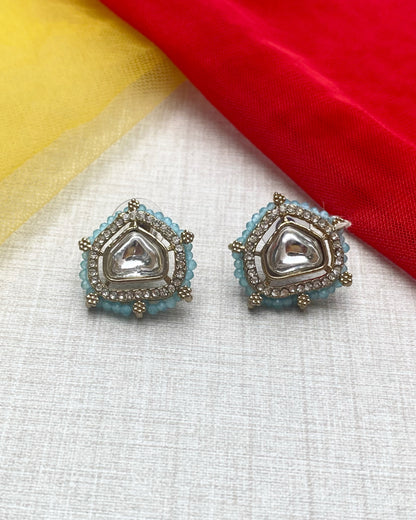 Light Blue beads Antique Gold Kundan Studs