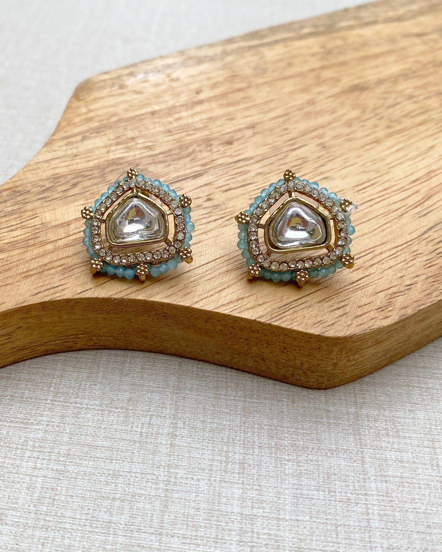 Light Blue beads Antique Gold Kundan Studs