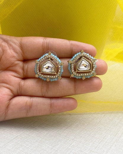 Light Blue beads Antique Gold Kundan Studs