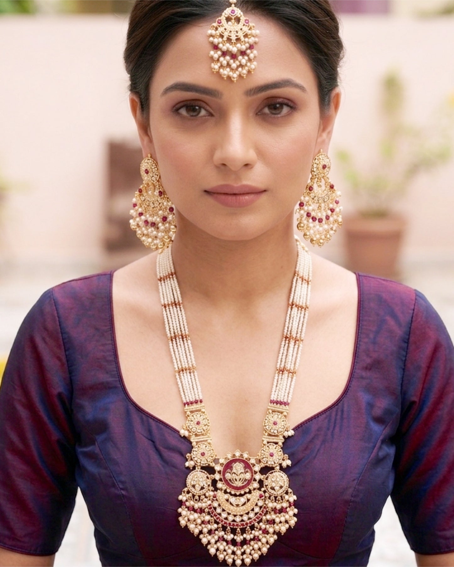 White Pearl & Ruby Empress Necklace Set with Maang Tikka