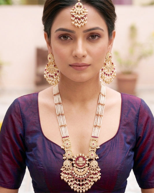 White Pearl & Ruby Empress Necklace Set with Maang Tikka