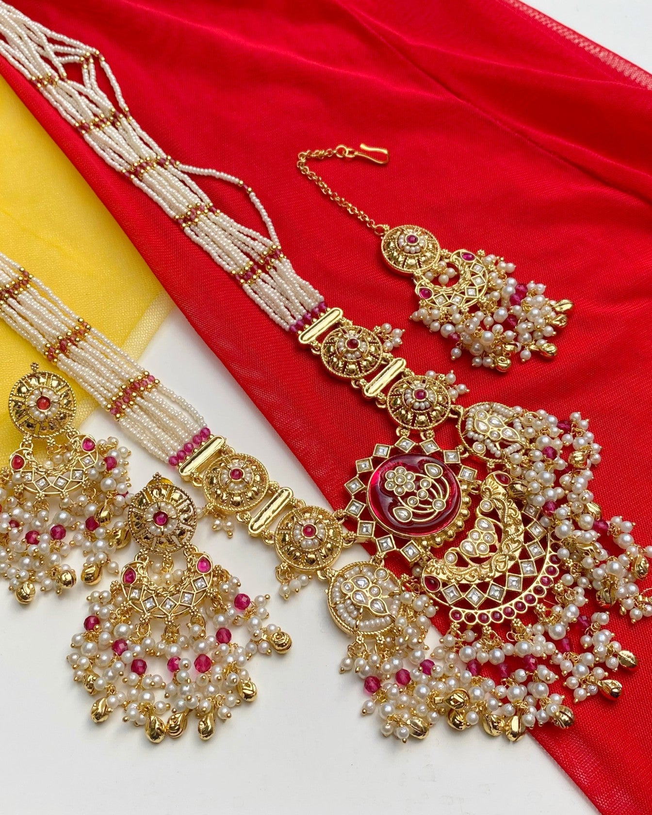 White Pearl & Ruby Empress Necklace Set with Maang Tikka