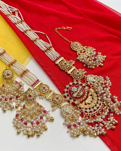 White Pearl & Ruby Empress Necklace Set with Maang Tikka