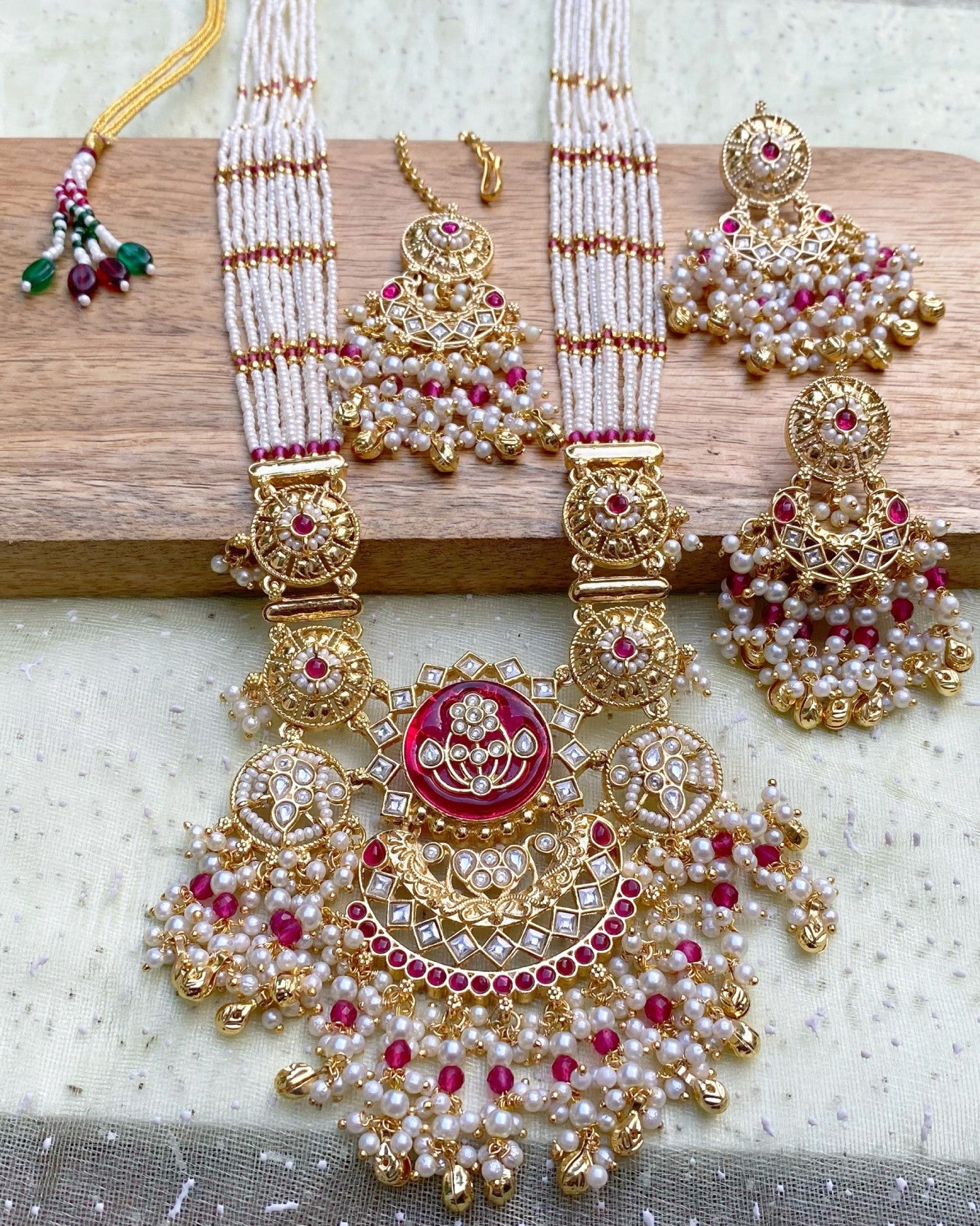 White Pearl & Ruby Empress Necklace Set with Maang Tikka